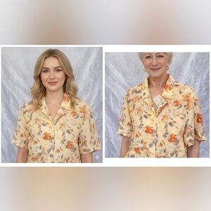 Nwt Basler Blouse Top Vintage Shoulder pads Semi Sheer Button Front Short Sleeve